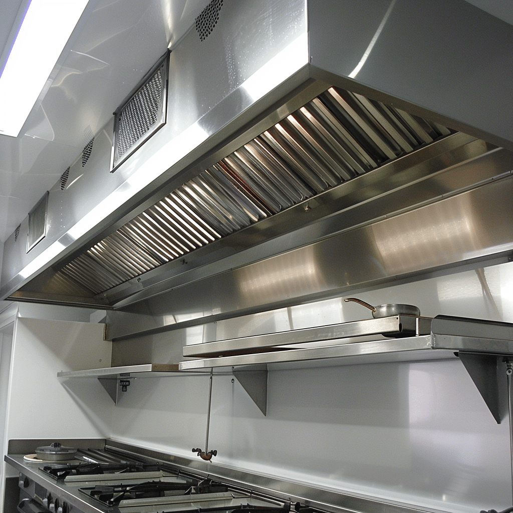 Brand new looking kitchen hood in a commercial kitchen.