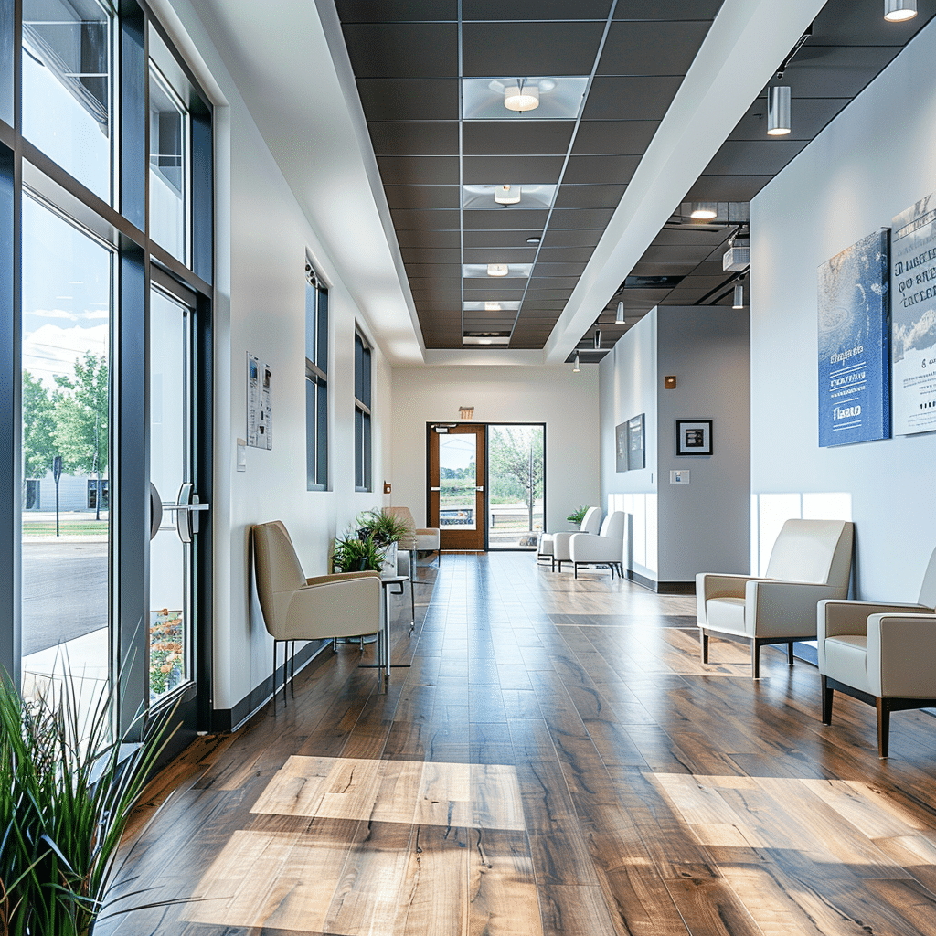 Commercial hallway with clean floors.