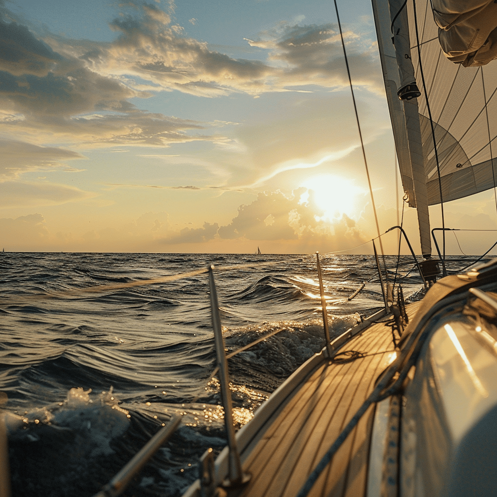 A sail boat on the water with sunset.